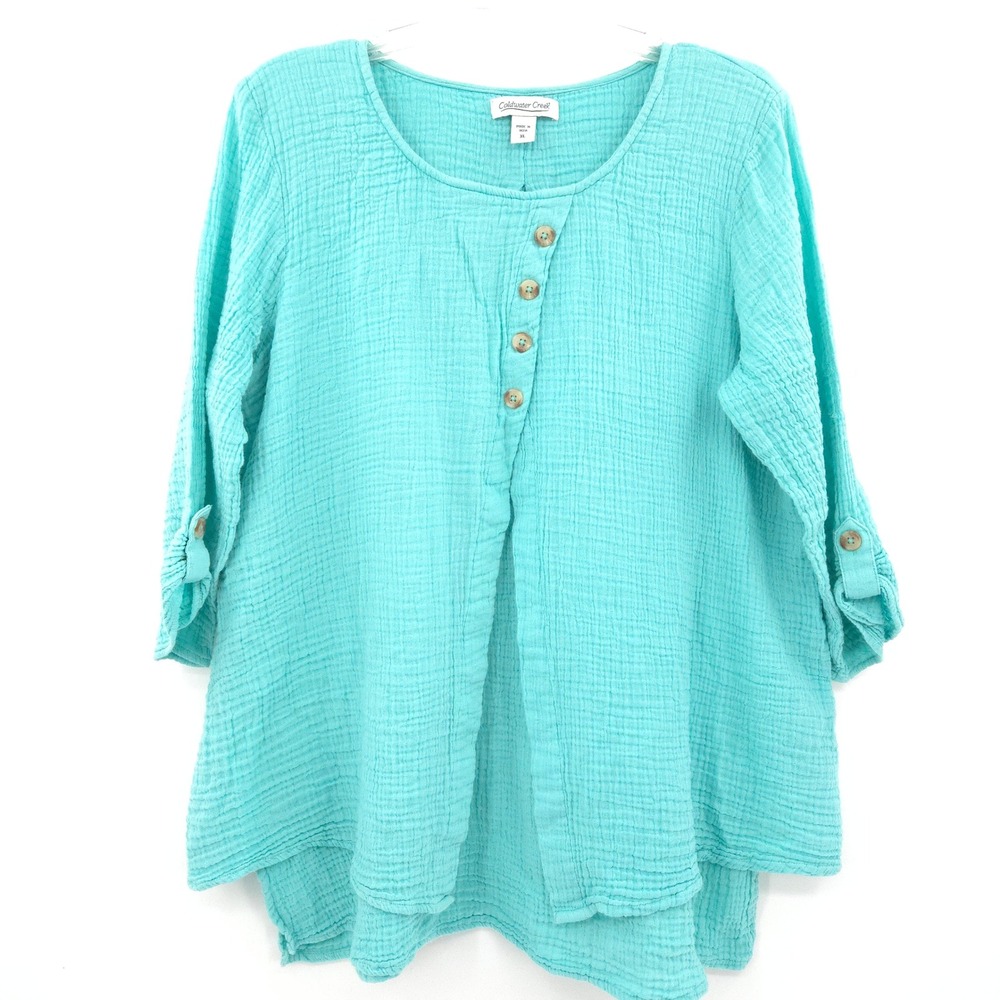 Coldwater Creek Gauze Henley Blouse Women XL Turquoise Blue Roll Tab Sleeve